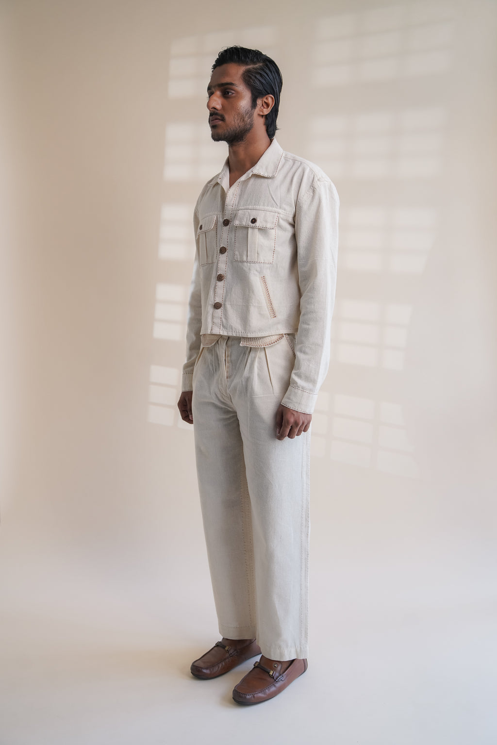 Dawning Shirt Jacket at Kamakhyaa by Lafaani. This item is Beige, Casual Wear, Denim, Embroidered, For Him, For Siblings, Hand Woven Cotton, Jackets, Kora, Mens Overlay, Menswear, Natural, Regular Fit