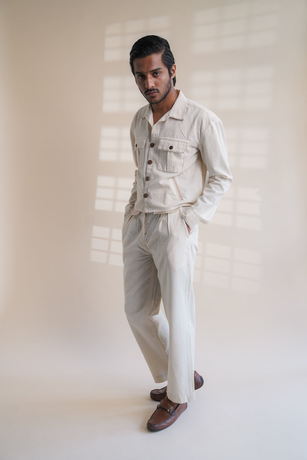 Dawning Shirt Jacket at Kamakhyaa by Lafaani. This item is Beige, Casual Wear, Denim, Embroidered, For Him, For Siblings, Hand Woven Cotton, Jackets, Kora, Mens Overlay, Menswear, Natural, Regular Fit