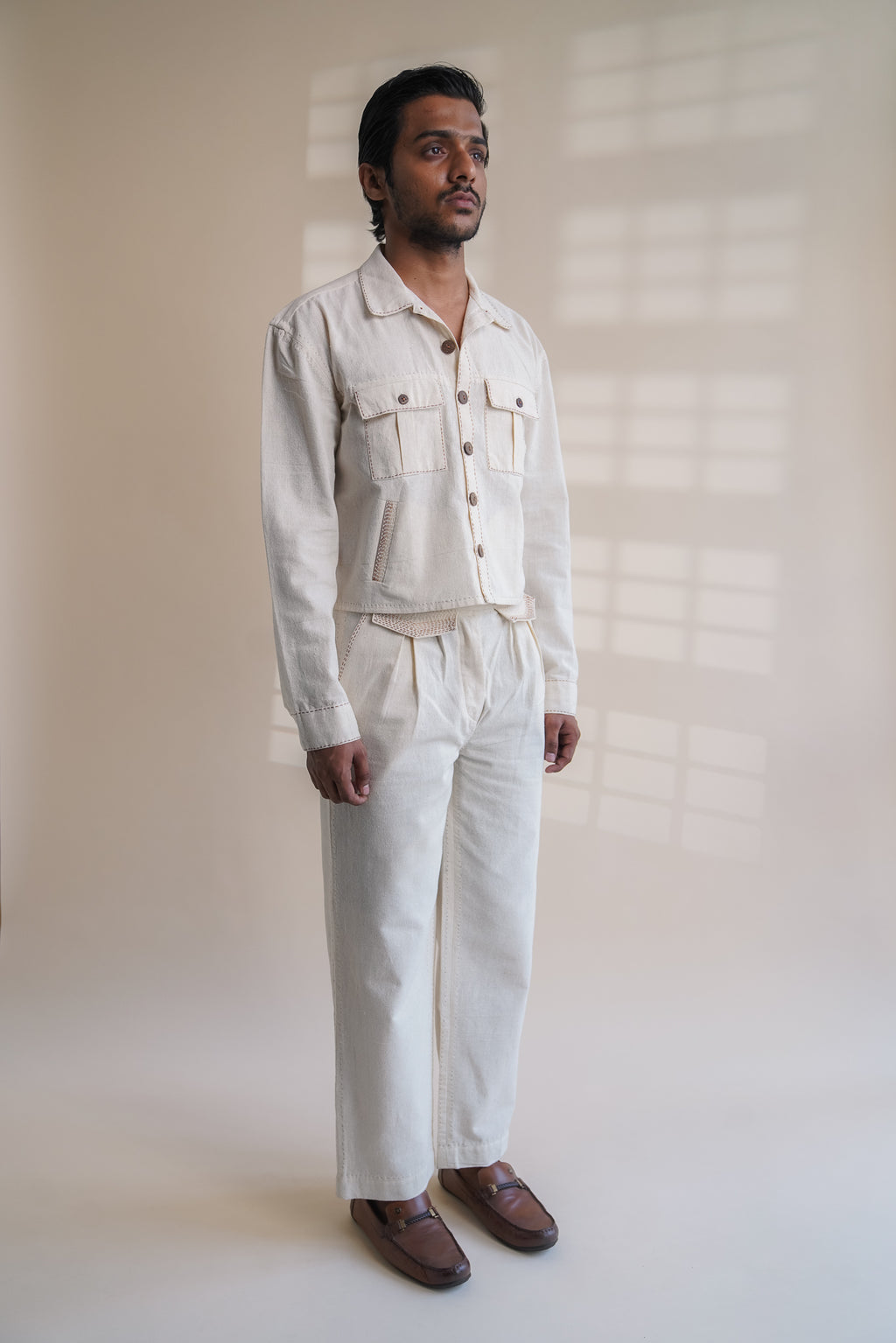 Dawning Shirt Jacket at Kamakhyaa by Lafaani. This item is Beige, Casual Wear, Denim, Embroidered, For Him, For Siblings, Hand Woven Cotton, Jackets, Kora, Mens Overlay, Menswear, Natural, Regular Fit