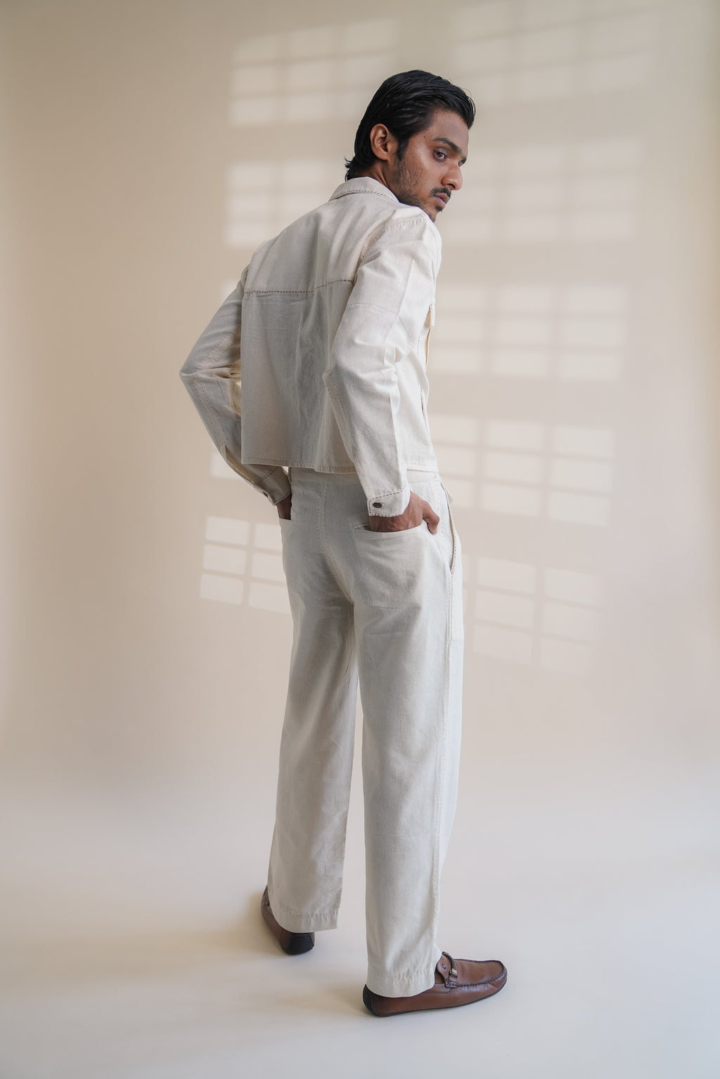 Dawning Shirt Jacket at Kamakhyaa by Lafaani. This item is Beige, Casual Wear, Denim, Embroidered, For Him, For Siblings, Hand Woven Cotton, Jackets, Kora, Mens Overlay, Menswear, Natural, Regular Fit