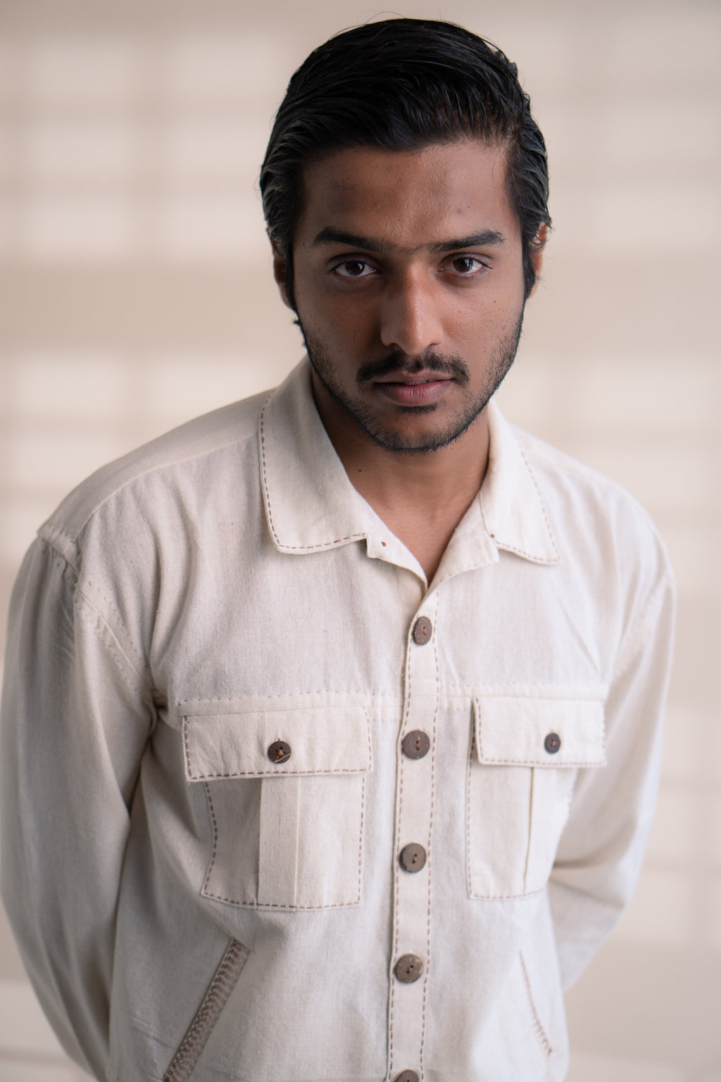 Dawning Shirt Jacket at Kamakhyaa by Lafaani. This item is Beige, Casual Wear, Denim, Embroidered, For Him, For Siblings, Hand Woven Cotton, Jackets, Kora, Mens Overlay, Menswear, Natural, Regular Fit