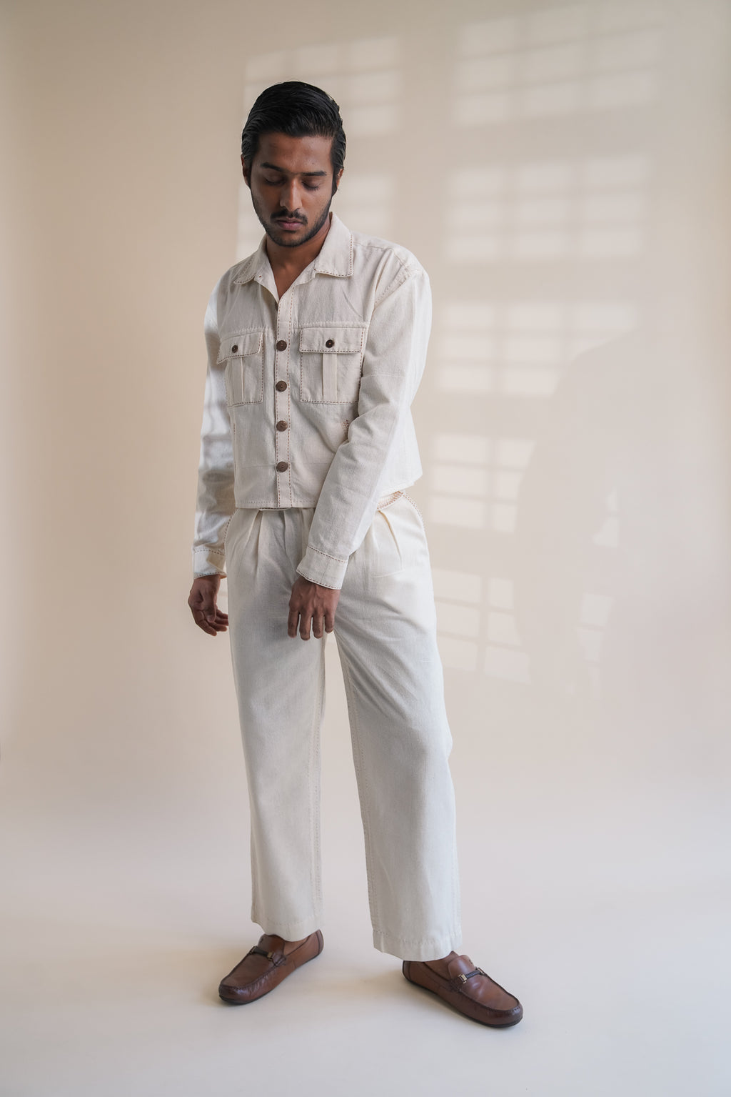 Dawning Shirt Jacket at Kamakhyaa by Lafaani. This item is Beige, Casual Wear, Denim, Embroidered, For Him, For Siblings, Hand Woven Cotton, Jackets, Kora, Mens Overlay, Menswear, Natural, Regular Fit