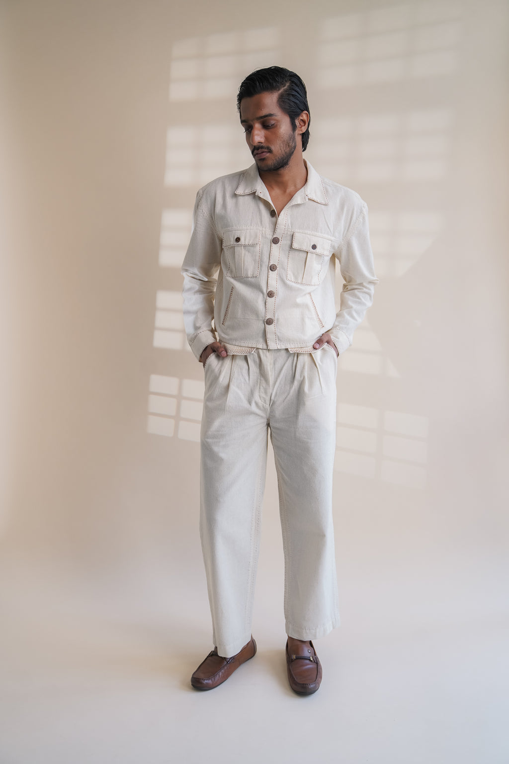 Dawning Shirt Jacket at Kamakhyaa by Lafaani. This item is Beige, Casual Wear, Denim, Embroidered, For Him, For Siblings, Hand Woven Cotton, Jackets, Kora, Mens Overlay, Menswear, Natural, Regular Fit