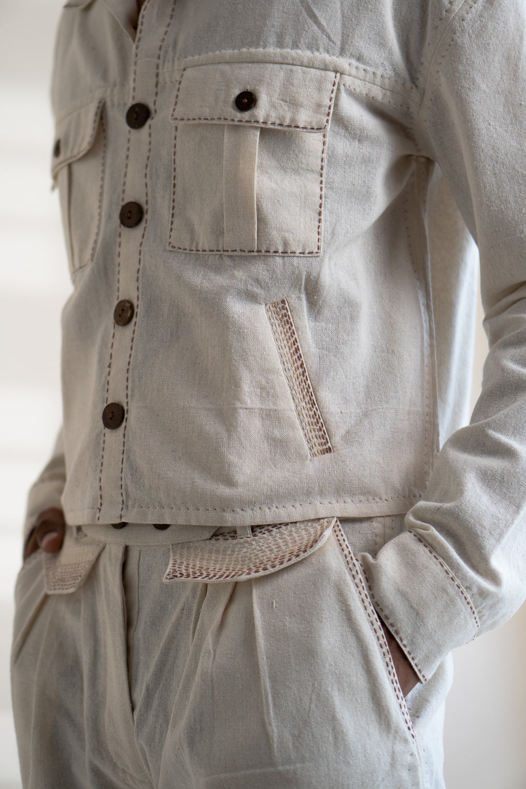 Dawning Shirt Jacket at Kamakhyaa by Lafaani. This item is Beige, Casual Wear, Denim, Embroidered, For Him, For Siblings, Hand Woven Cotton, Jackets, Kora, Mens Overlay, Menswear, Natural, Regular Fit