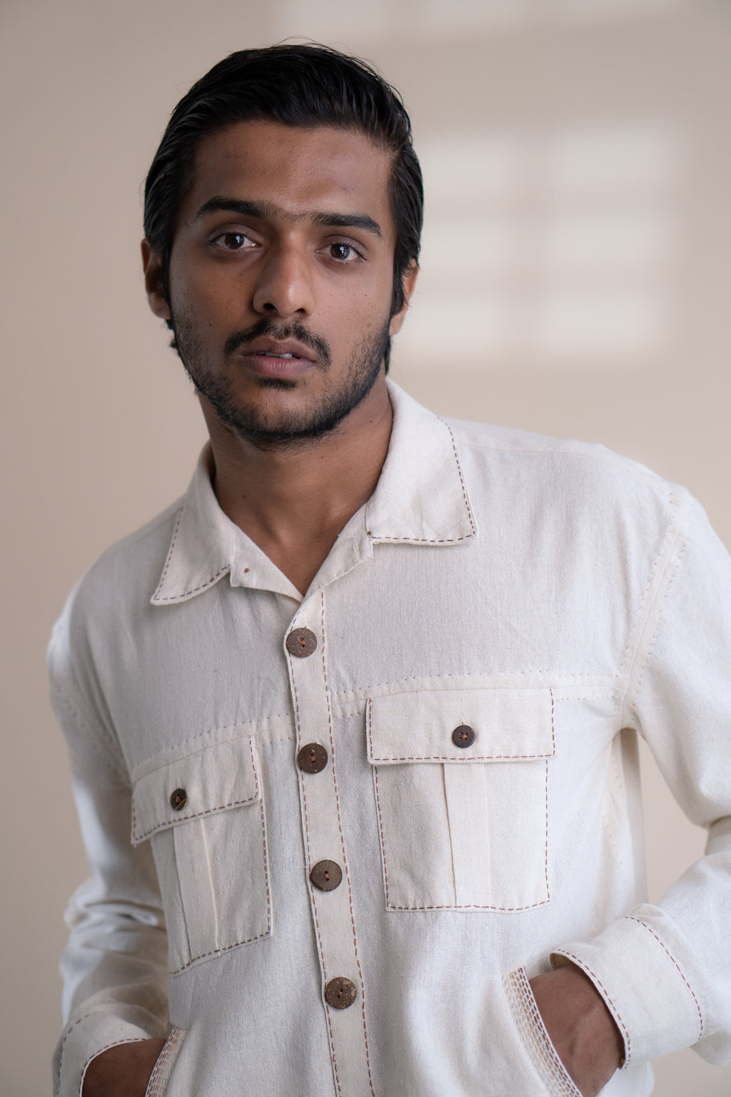 Dawning Shirt Jacket at Kamakhyaa by Lafaani. This item is Beige, Casual Wear, Denim, Embroidered, For Him, For Siblings, Hand Woven Cotton, Jackets, Kora, Mens Overlay, Menswear, Natural, Regular Fit