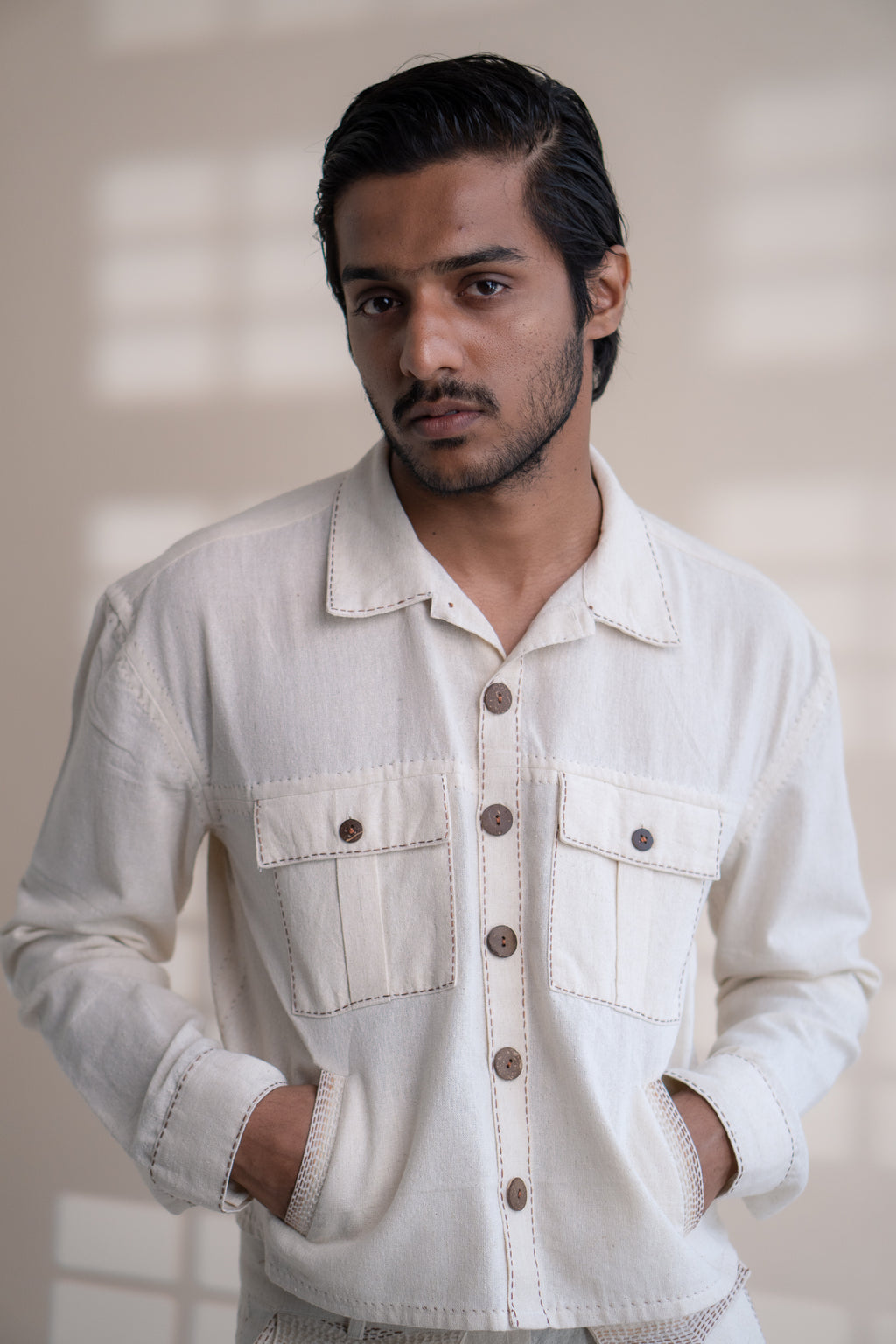Dawning Shirt Jacket at Kamakhyaa by Lafaani. This item is Beige, Casual Wear, Denim, Embroidered, For Him, For Siblings, Hand Woven Cotton, Jackets, Kora, Mens Overlay, Menswear, Natural, Regular Fit