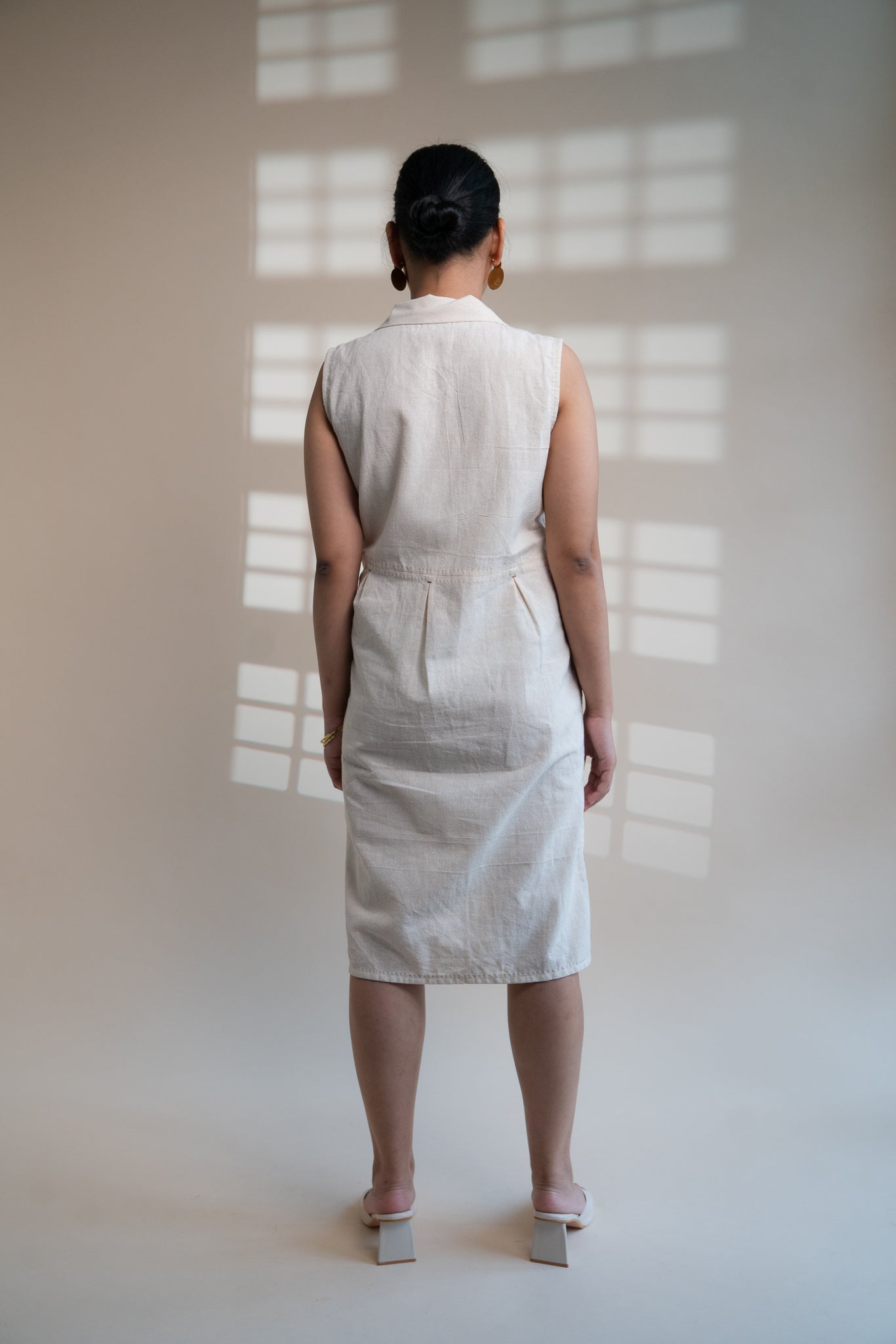 Dawning Tie Up Dress at Kamakhyaa by Lafaani. This item is Beige, Casual Wear, Denim, Embroidered, Hand Woven Cotton, Kora, Natural, Regular Fit, Womenswear, Wrap Dresses