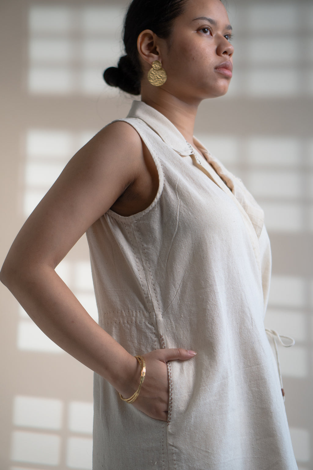 Dawning Tie Up Dress at Kamakhyaa by Lafaani. This item is Beige, Casual Wear, Denim, Embroidered, Hand Woven Cotton, Kora, Natural, Regular Fit, Womenswear, Wrap Dresses