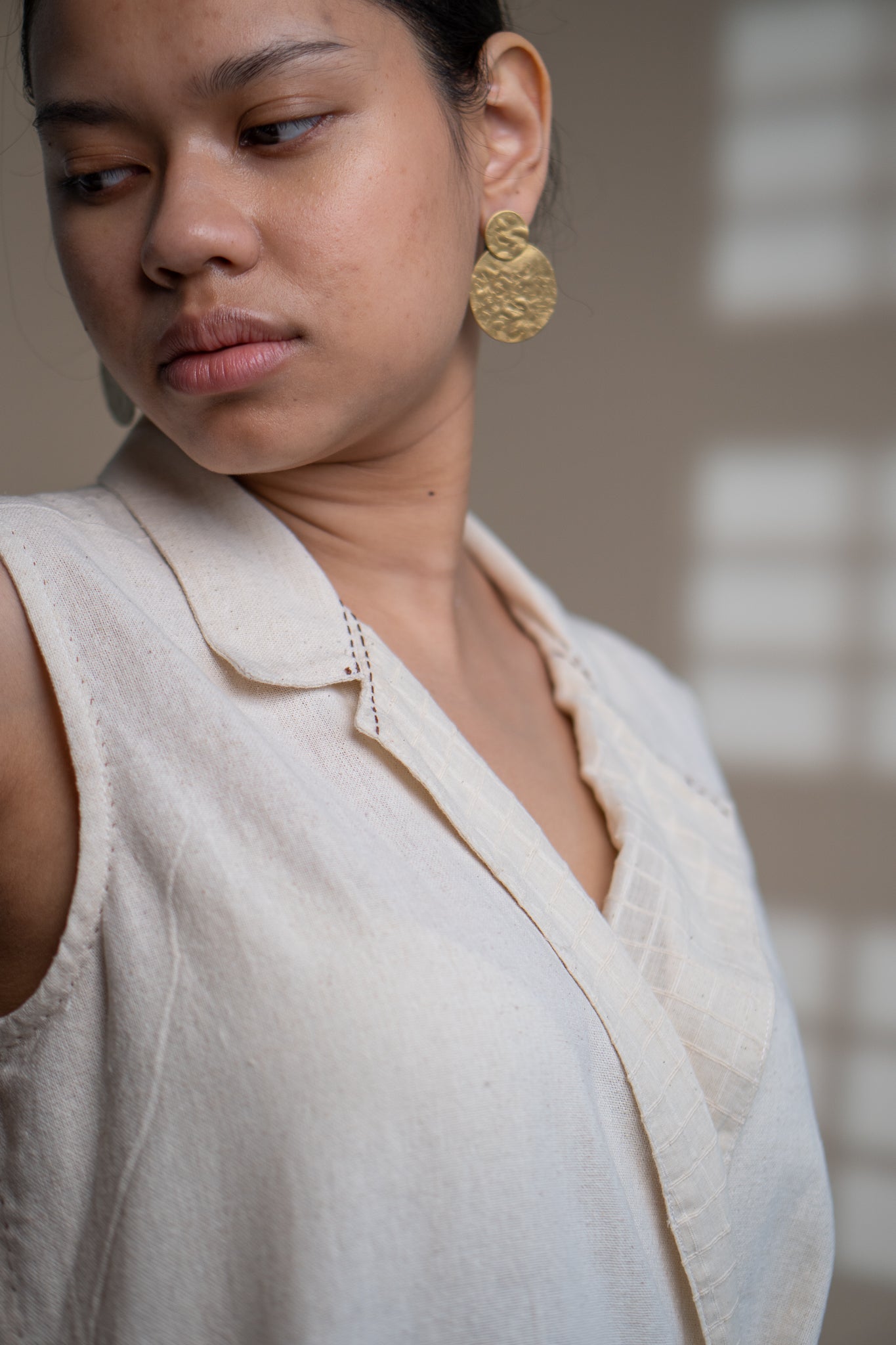 Dawning Tie Up Dress at Kamakhyaa by Lafaani. This item is Beige, Casual Wear, Denim, Embroidered, Hand Woven Cotton, Kora, Natural, Regular Fit, Womenswear, Wrap Dresses