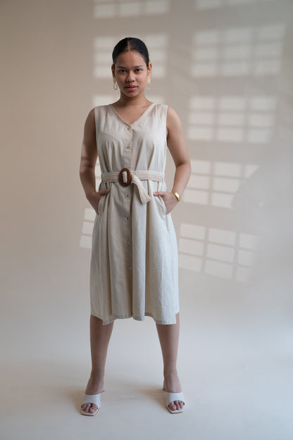 Dawning Trench Dress with Cropped Jacket at Kamakhyaa by Lafaani. This item is Beige, Casual Wear, Co-ord Sets, Denim, Embroidered, Hand Woven Cotton, Kora, Natural, Regular Fit, Vacation, Vacation Co-ords, Womenswear