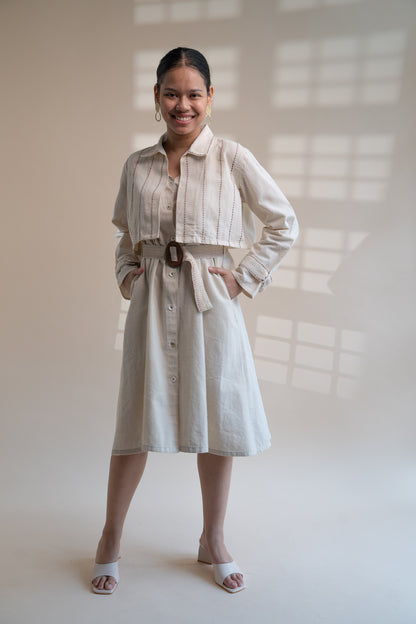 Dawning Trench Dress with Cropped Jacket at Kamakhyaa by Lafaani. This item is Beige, Casual Wear, Co-ord Sets, Denim, Embroidered, Hand Woven Cotton, Kora, Natural, Regular Fit, Vacation, Vacation Co-ords, Womenswear