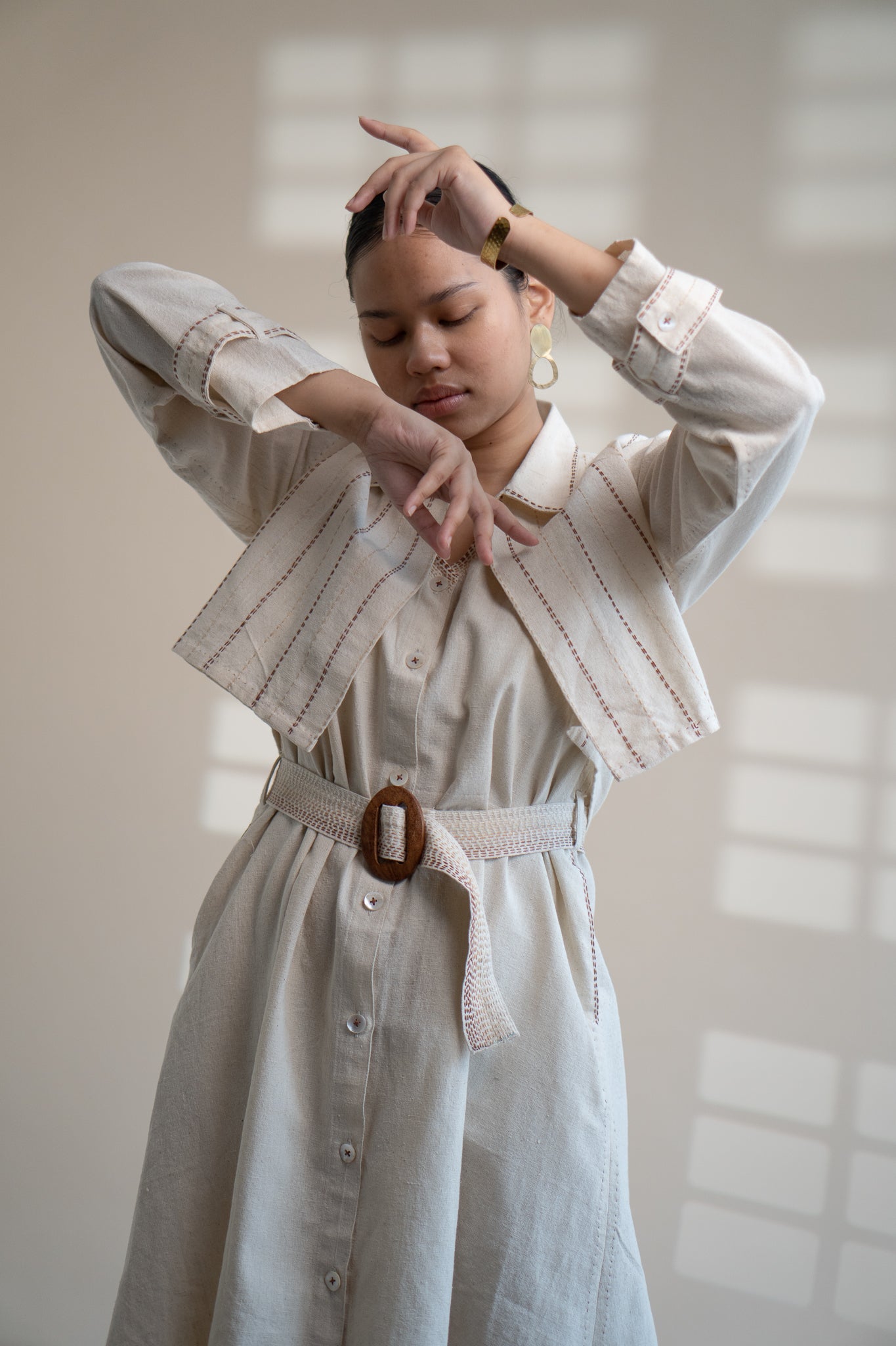 Dawning Trench Dress with Cropped Jacket at Kamakhyaa by Lafaani. This item is Beige, Casual Wear, Co-ord Sets, Denim, Embroidered, Hand Woven Cotton, Kora, Natural, Regular Fit, Vacation, Vacation Co-ords, Womenswear