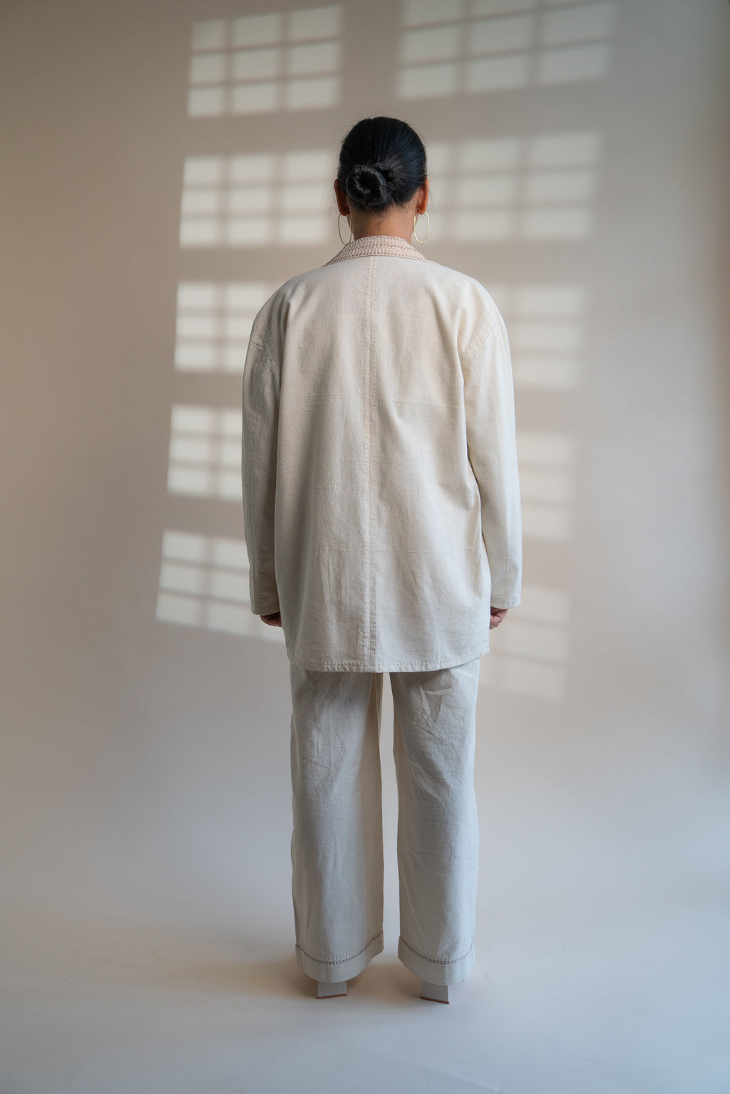 Dawning Unisex Double Breasted Jacket at Kamakhyaa by Lafaani. This item is Beige, Casual Wear, Denim, Embroidered, For Him, Hand Woven Cotton, Jackets, Kora, Mens Overlay, Menswear, Natural, Regular Fit, Unisex