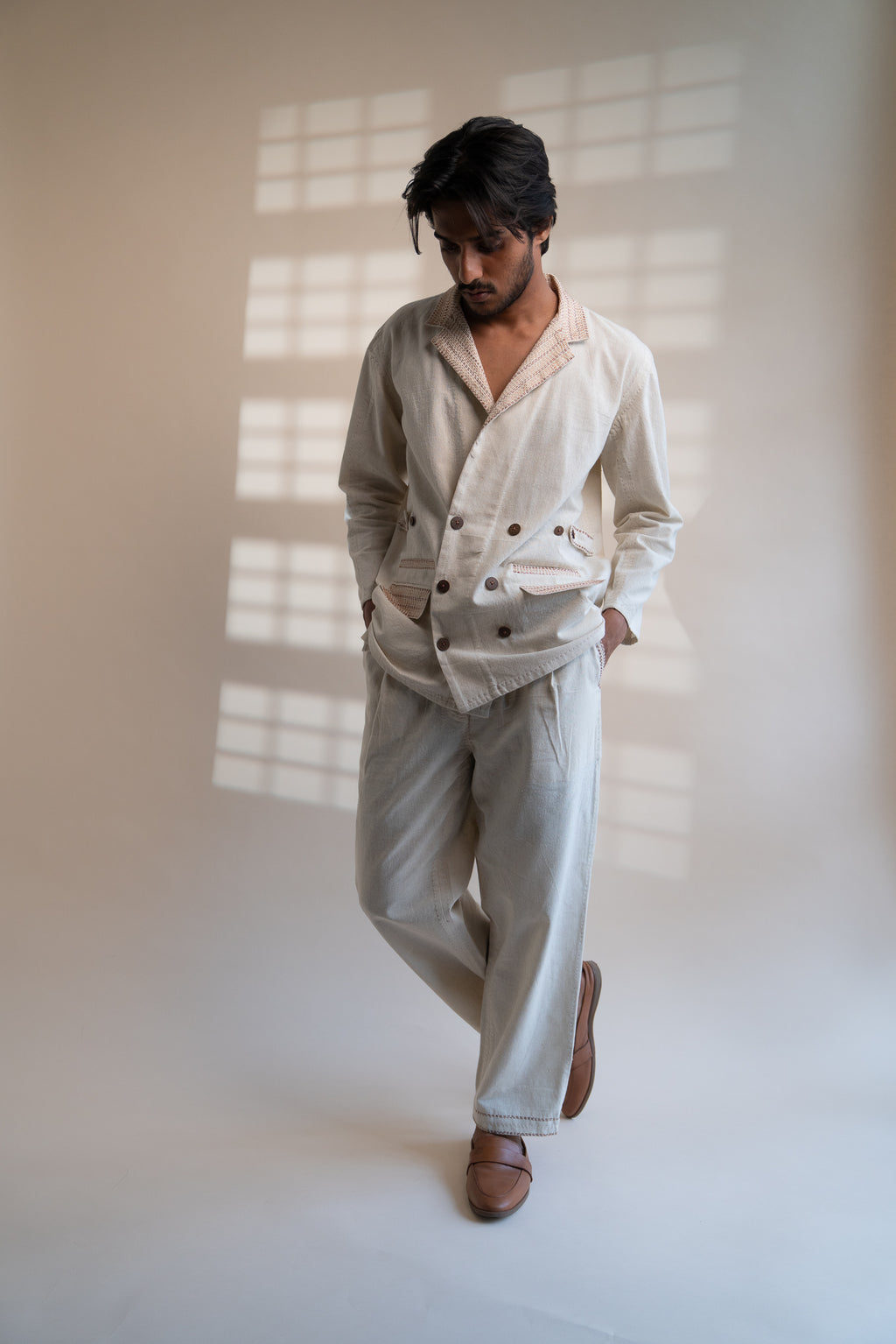 Dawning Unisex Double Breasted Jacket at Kamakhyaa by Lafaani. This item is Beige, Casual Wear, Denim, Embroidered, For Him, Hand Woven Cotton, Jackets, Kora, Mens Overlay, Menswear, Natural, Regular Fit, Unisex