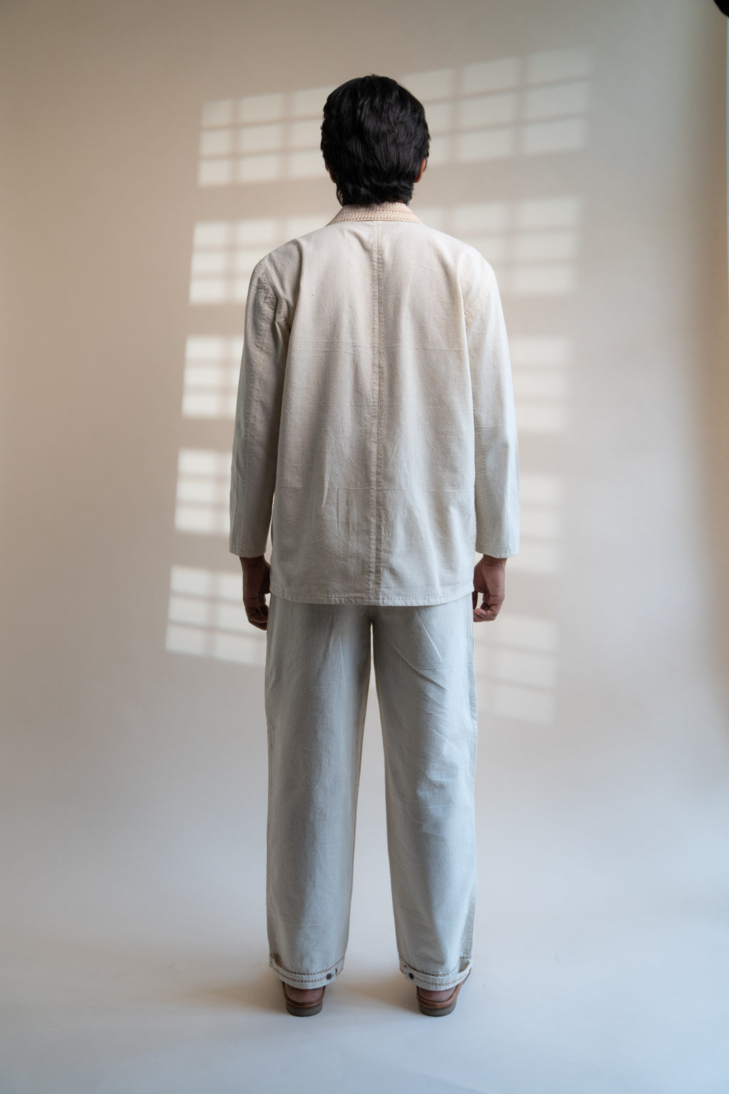 Dawning Unisex Double Breasted Jacket at Kamakhyaa by Lafaani. This item is Beige, Casual Wear, Denim, Embroidered, For Him, Hand Woven Cotton, Jackets, Kora, Mens Overlay, Menswear, Natural, Regular Fit, Unisex