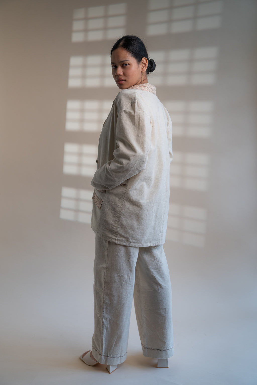 Dawning Unisex Double Breasted Jacket at Kamakhyaa by Lafaani. This item is Beige, Casual Wear, Denim, Embroidered, For Him, Hand Woven Cotton, Jackets, Kora, Mens Overlay, Menswear, Natural, Regular Fit, Unisex