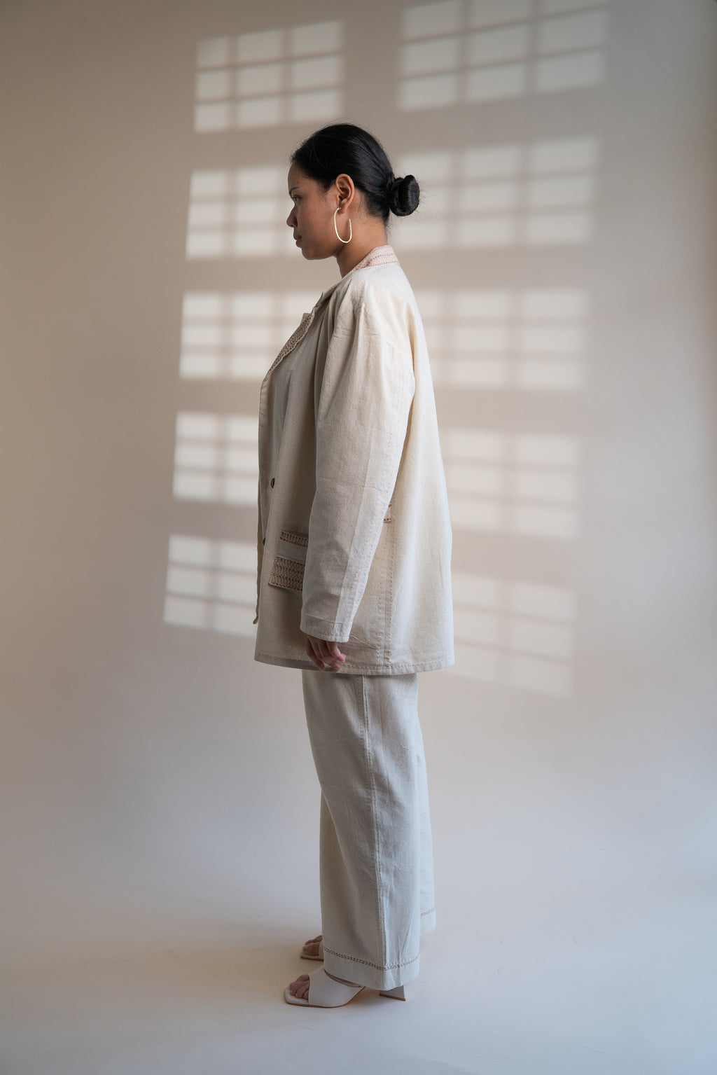 Dawning Unisex Double Breasted Jacket at Kamakhyaa by Lafaani. This item is Beige, Casual Wear, Denim, Embroidered, For Him, Hand Woven Cotton, Jackets, Kora, Mens Overlay, Menswear, Natural, Regular Fit, Unisex