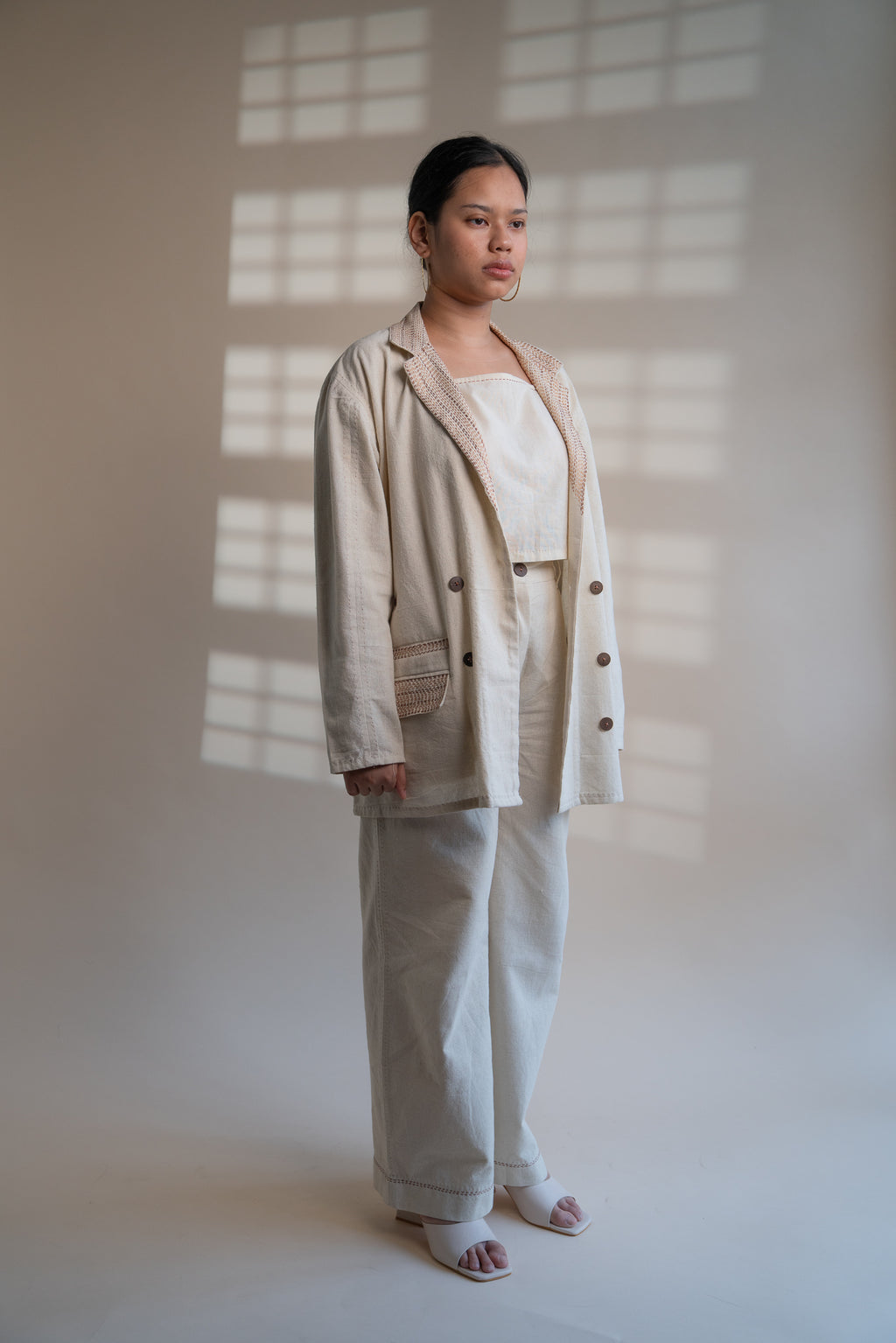 Dawning Unisex Double Breasted Jacket at Kamakhyaa by Lafaani. This item is Beige, Casual Wear, Denim, Embroidered, For Him, Hand Woven Cotton, Jackets, Kora, Mens Overlay, Menswear, Natural, Regular Fit, Unisex