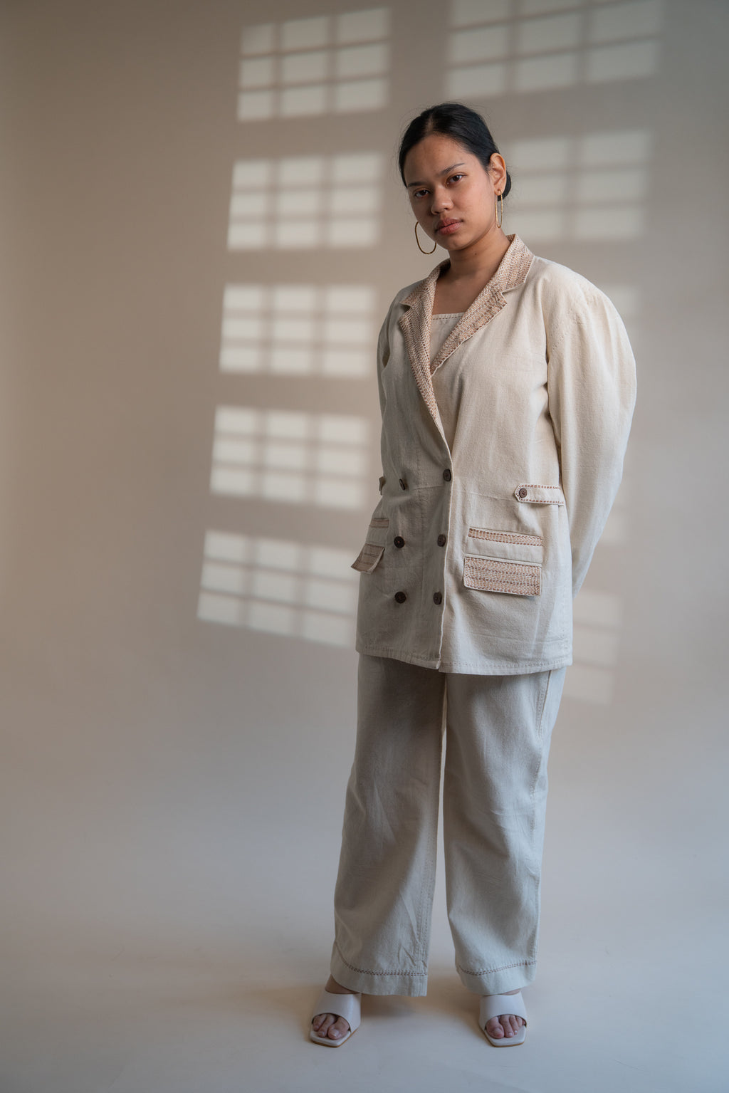 Dawning Unisex Double Breasted Jacket at Kamakhyaa by Lafaani. This item is Beige, Casual Wear, Denim, Embroidered, For Him, Hand Woven Cotton, Jackets, Kora, Mens Overlay, Menswear, Natural, Regular Fit, Unisex