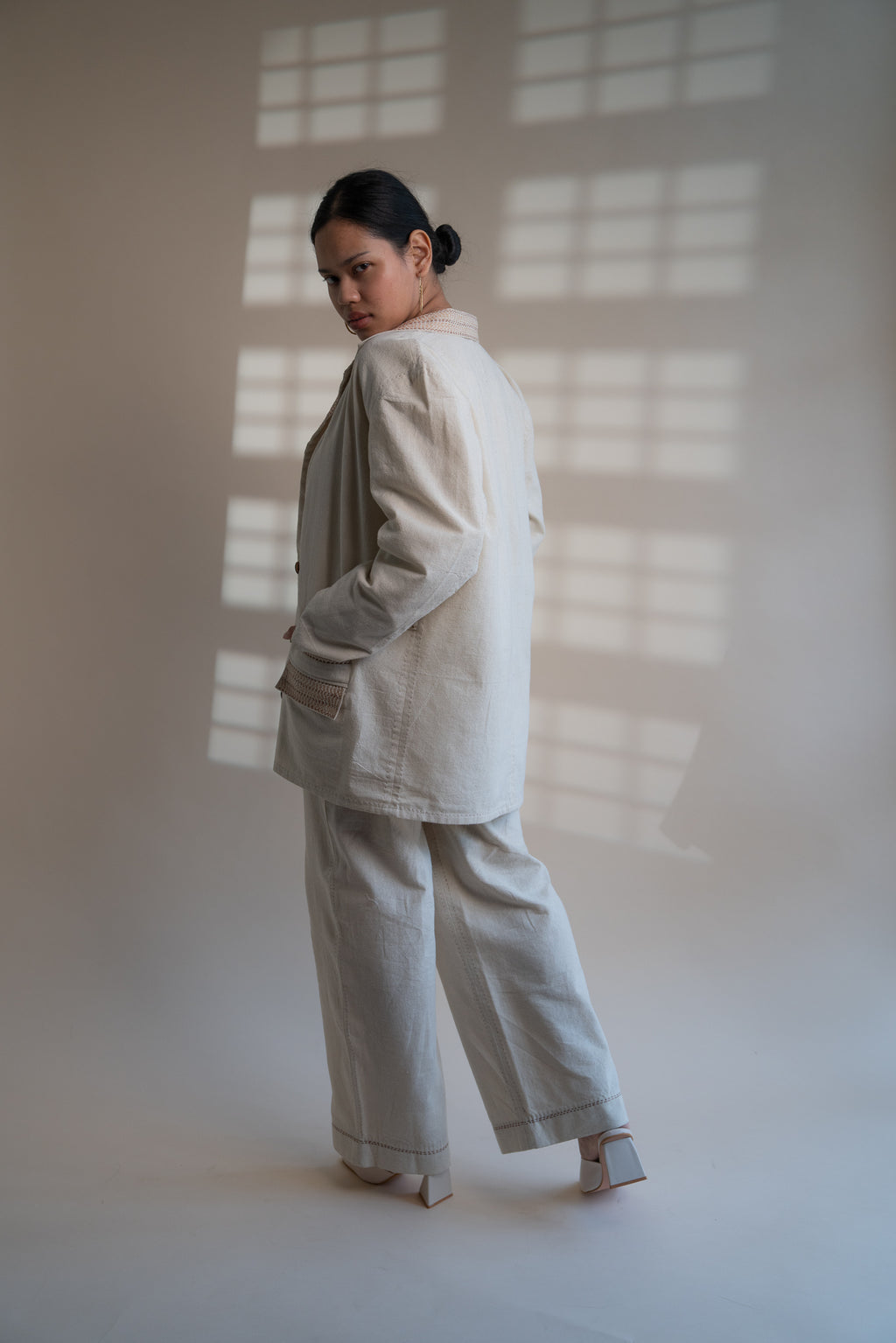 Dawning Unisex Double Breasted Jacket at Kamakhyaa by Lafaani. This item is Beige, Casual Wear, Denim, Embroidered, For Him, Hand Woven Cotton, Jackets, Kora, Mens Overlay, Menswear, Natural, Regular Fit, Unisex