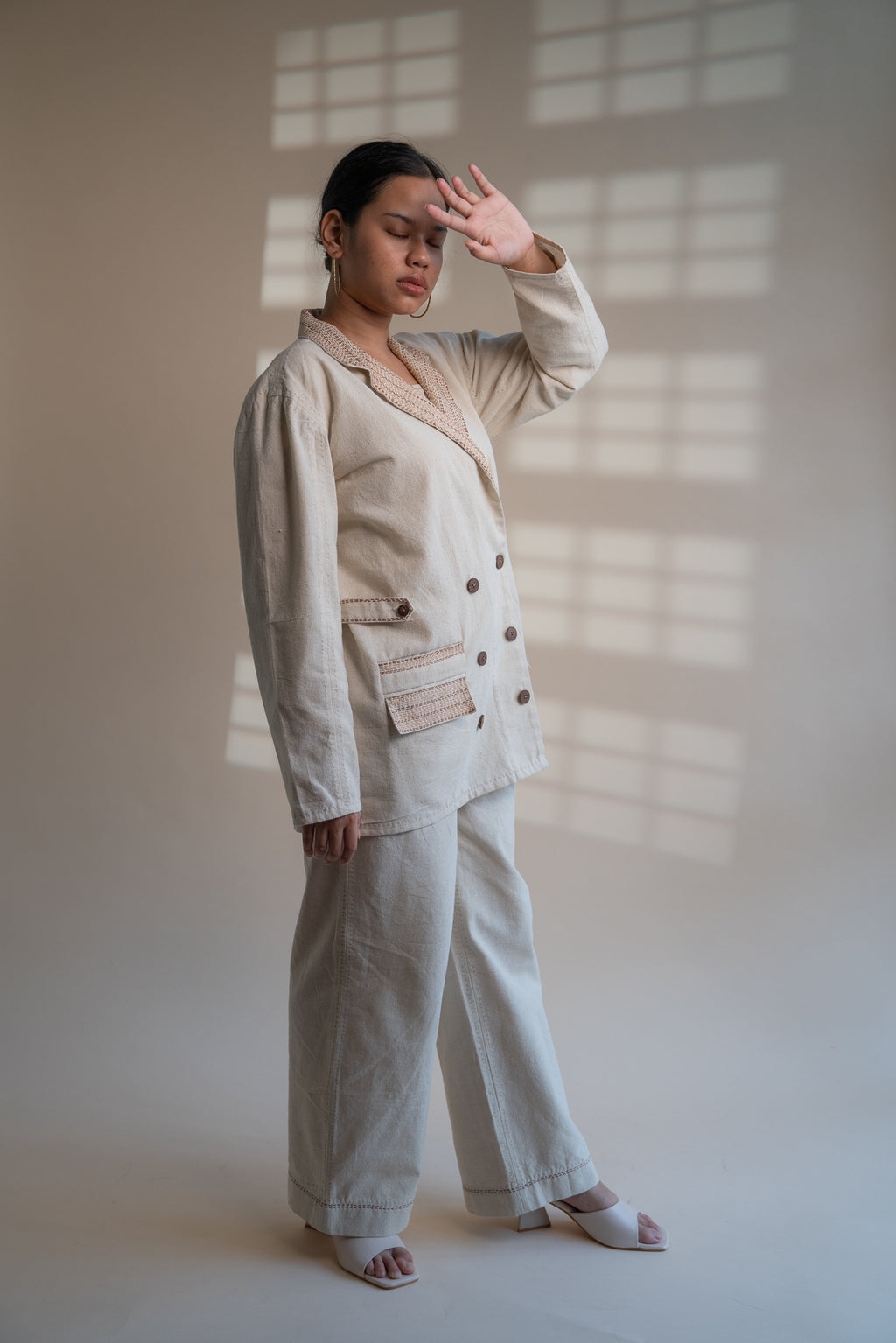 Dawning Unisex Double Breasted Jacket at Kamakhyaa by Lafaani. This item is Beige, Casual Wear, Denim, Embroidered, For Him, Hand Woven Cotton, Jackets, Kora, Mens Overlay, Menswear, Natural, Regular Fit, Unisex