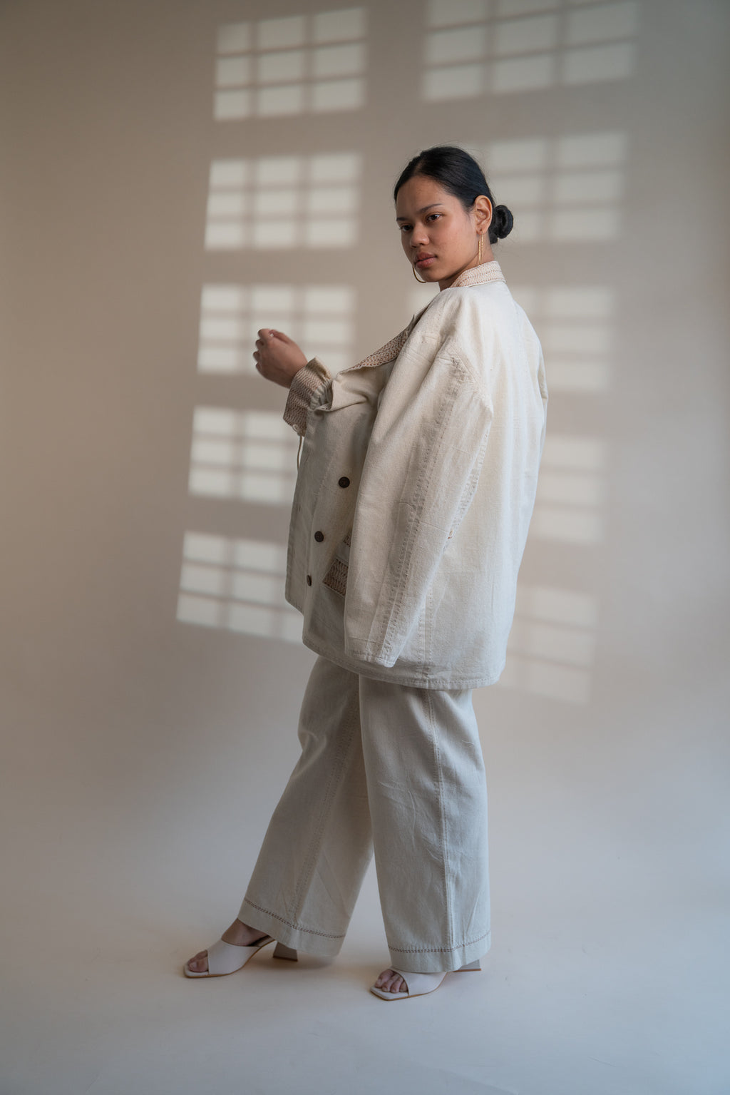 Dawning Unisex Double Breasted Jacket at Kamakhyaa by Lafaani. This item is Beige, Casual Wear, Denim, Embroidered, For Him, Hand Woven Cotton, Jackets, Kora, Mens Overlay, Menswear, Natural, Regular Fit, Unisex