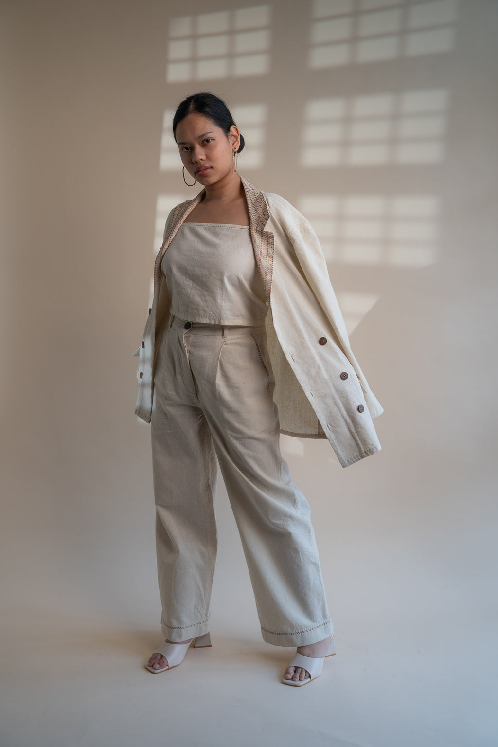 Dawning Unisex Double Breasted Jacket at Kamakhyaa by Lafaani. This item is Beige, Casual Wear, Denim, Embroidered, For Him, Hand Woven Cotton, Jackets, Kora, Mens Overlay, Menswear, Natural, Regular Fit, Unisex