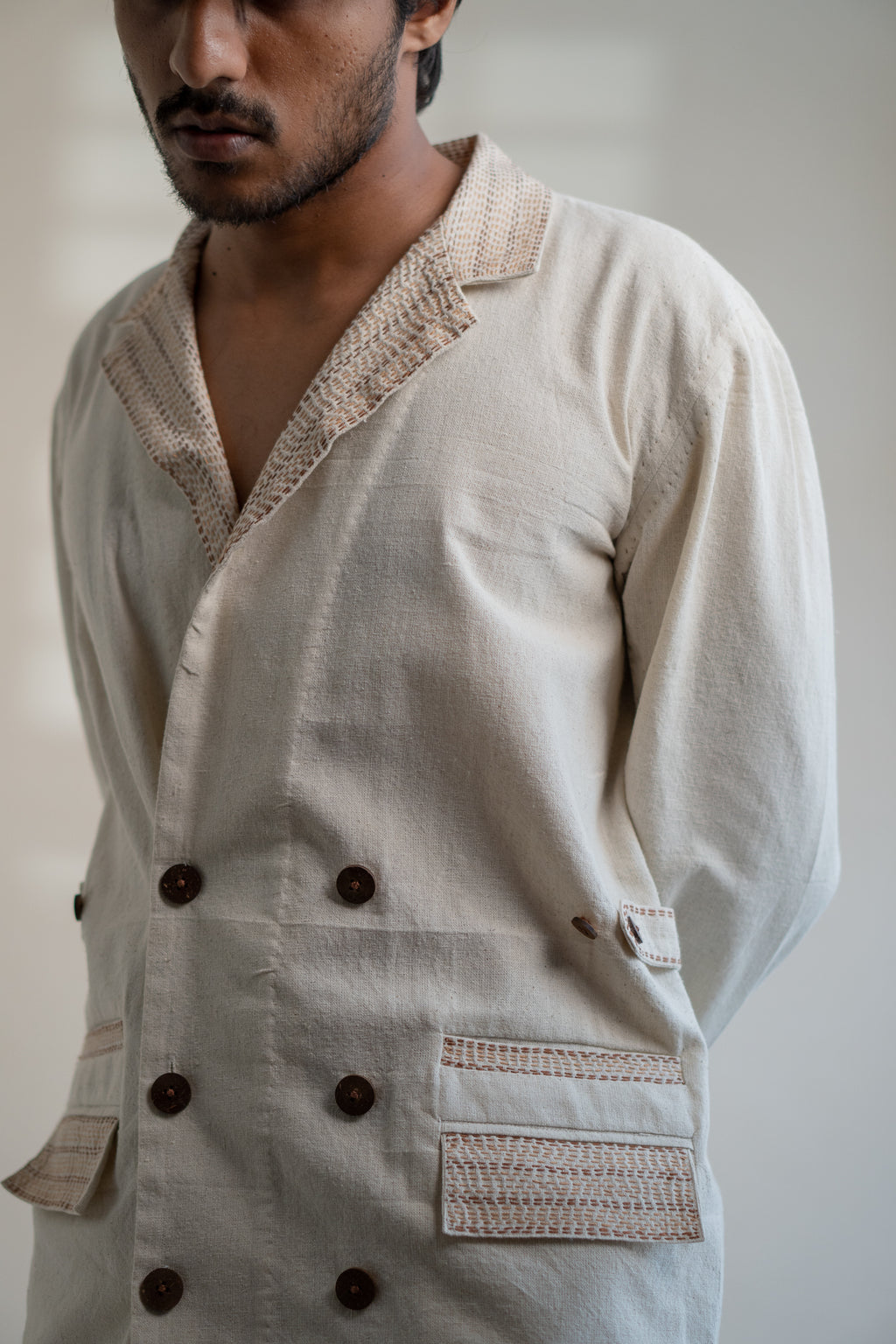 Dawning Unisex Double Breasted Jacket at Kamakhyaa by Lafaani. This item is Beige, Casual Wear, Denim, Embroidered, For Him, Hand Woven Cotton, Jackets, Kora, Mens Overlay, Menswear, Natural, Regular Fit, Unisex