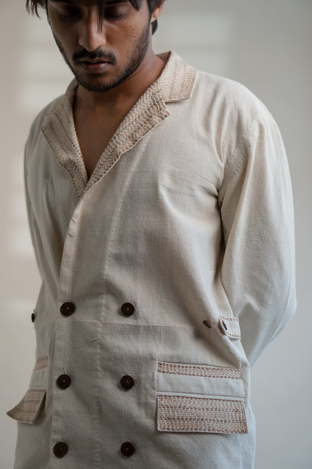 Dawning Unisex Double Breasted Jacket at Kamakhyaa by Lafaani. This item is Beige, Casual Wear, Denim, Embroidered, For Him, Hand Woven Cotton, Jackets, Kora, Mens Overlay, Menswear, Natural, Regular Fit, Unisex