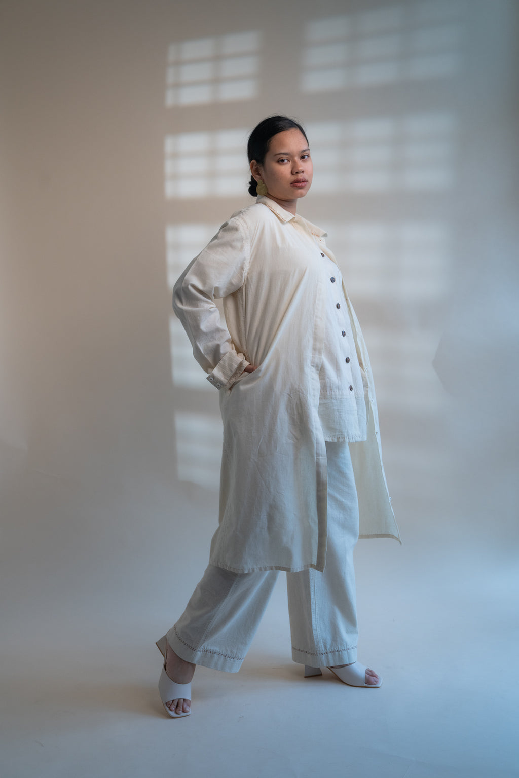 Dawning Unisex Overlay at Kamakhyaa by Lafaani. This item is Beige, Casual Wear, Denim, Embroidered, For Him, Hand Woven Cotton, Kora, Mens Overlay, Menswear, Natural, Regular Fit, Trench Coats, Unisex