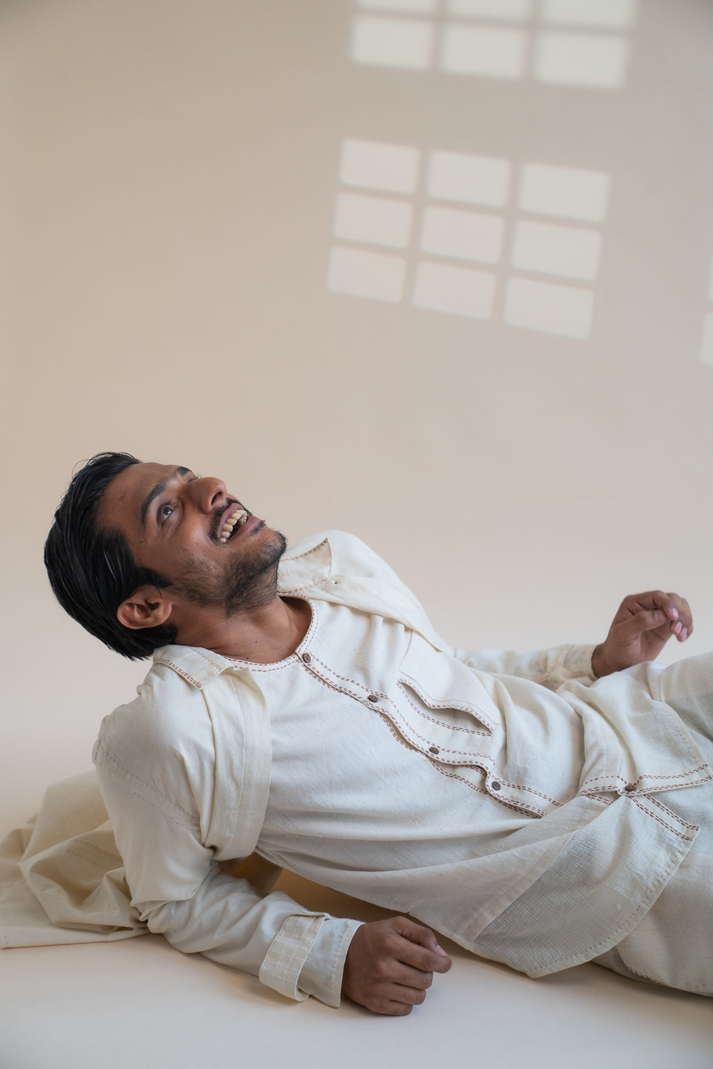 Dawning Unisex Overlay at Kamakhyaa by Lafaani. This item is Beige, Casual Wear, Denim, Embroidered, For Him, Hand Woven Cotton, Kora, Mens Overlay, Menswear, Natural, Regular Fit, Trench Coats, Unisex