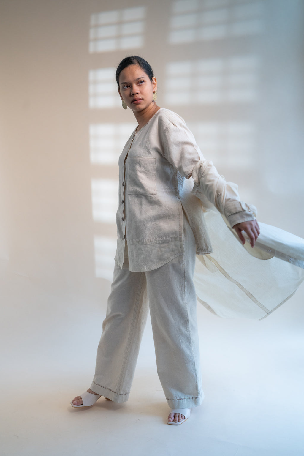 Dawning Unisex Overlay at Kamakhyaa by Lafaani. This item is Beige, Casual Wear, Denim, Embroidered, For Him, Hand Woven Cotton, Kora, Mens Overlay, Menswear, Natural, Regular Fit, Trench Coats, Unisex