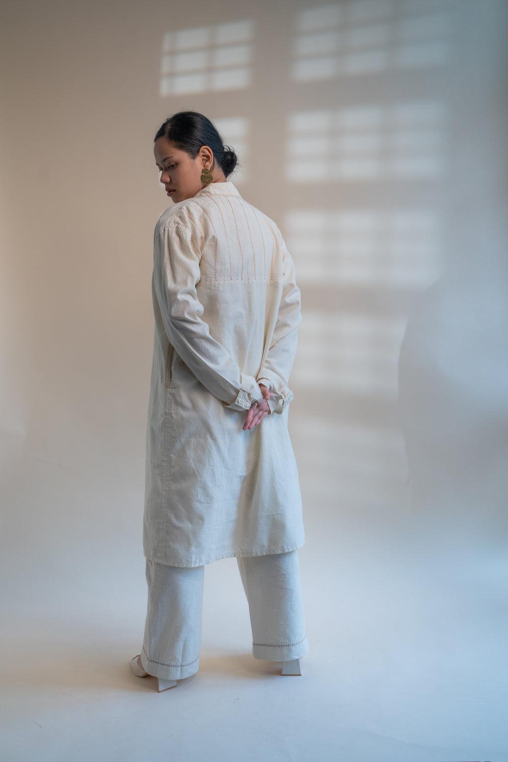 Dawning Unisex Overlay at Kamakhyaa by Lafaani. This item is Beige, Casual Wear, Denim, Embroidered, For Him, Hand Woven Cotton, Kora, Mens Overlay, Menswear, Natural, Regular Fit, Trench Coats, Unisex