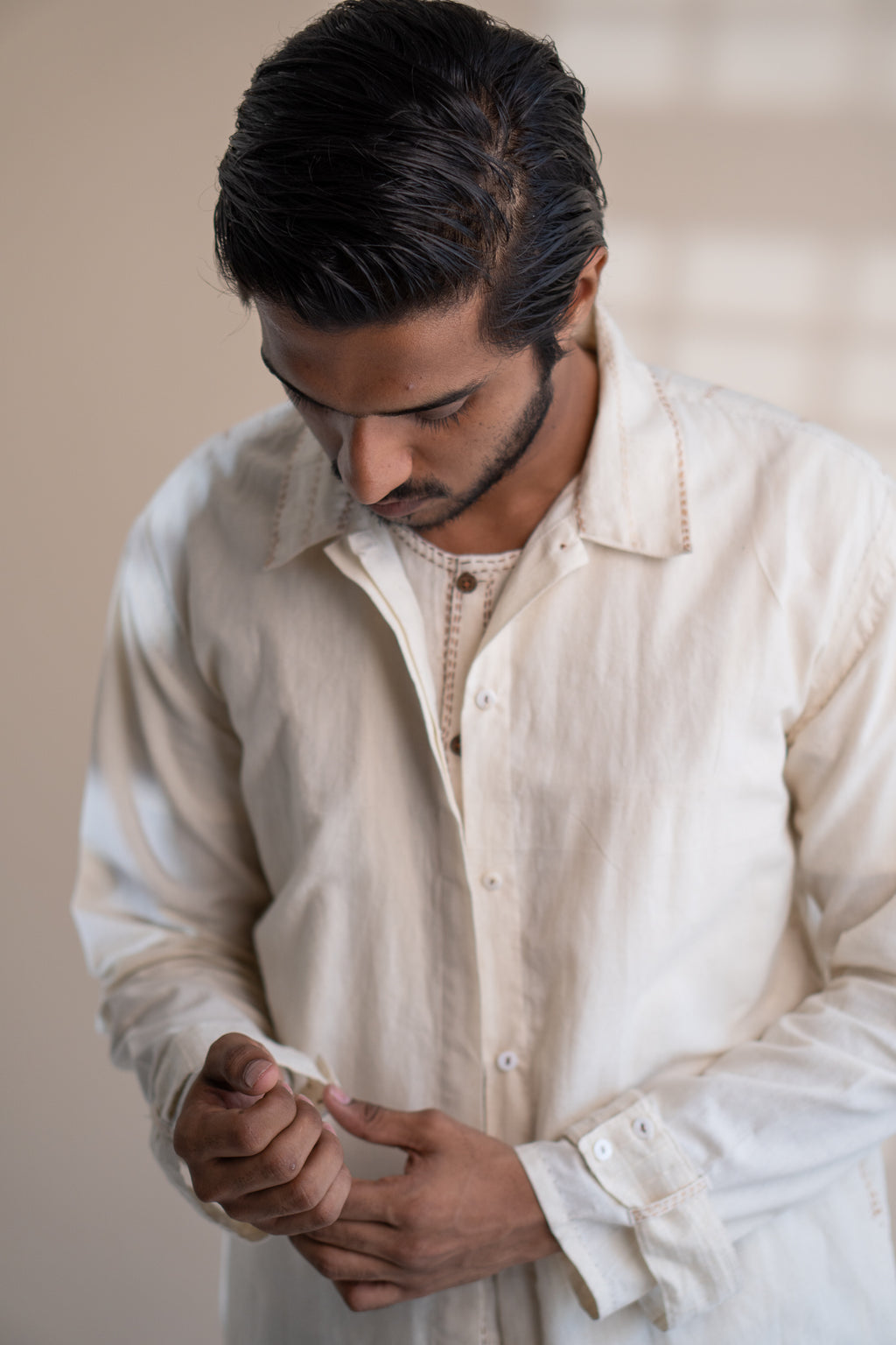 Dawning Unisex Overlay at Kamakhyaa by Lafaani. This item is Beige, Casual Wear, Denim, Embroidered, For Him, Hand Woven Cotton, Kora, Mens Overlay, Menswear, Natural, Regular Fit, Trench Coats, Unisex