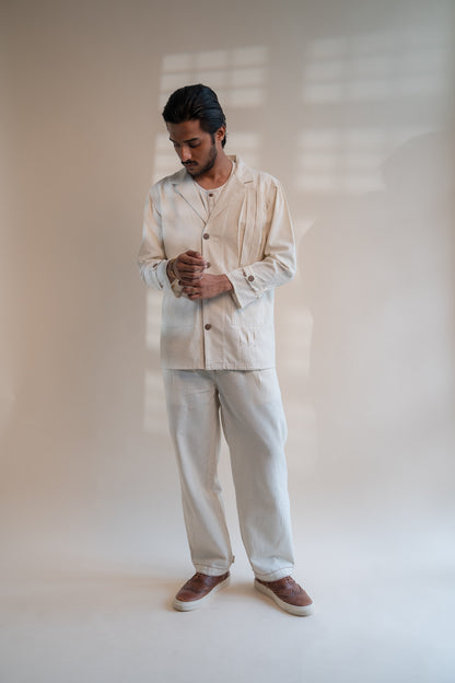 Dawning Unisex Pleated Blazer at Kamakhyaa by Lafaani. This item is Beige, Blazers, Casual Wear, Denim, Embroidered, For Him, Hand Woven Cotton, Kora, Mens Overlay, Menswear, Natural, Regular Fit, Unisex