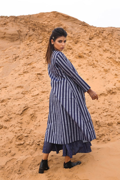 Deep Blue Striped Long Cape With Spagetti Dress - Set Of Two at Kamakhyaa by Keva. This item is Blue, Cape, Co-ord Sets, Cotton, Cotton Lurex, Desert Rose, Dress Sets, For Mother, For Mother W, Midi Dresses, Natural, Relaxed Fit, Resort Wear, Stripes, Womenswear