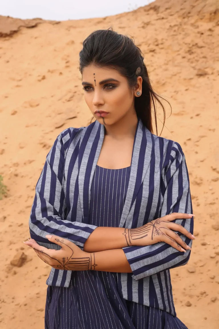Deep Blue Striped Short Jacket With Spaghetti Dress - Set Of Two at Kamakhyaa by Keva. This item is Blue, Co-ord Sets, Cotton, Cotton Lurex, Desert Rose, Dress Sets, For Mother, For Mother W, Jackets, Midi Dresses, Natural, Relaxed Fit, Resort Wear, Stripes, Womenswear