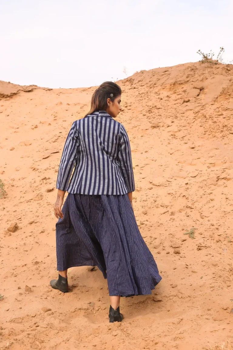 Deep Blue Striped Short Jacket With Spaghetti Dress - Set Of Two at Kamakhyaa by Keva. This item is Blue, Co-ord Sets, Cotton, Cotton Lurex, Desert Rose, Dress Sets, For Mother, For Mother W, Jackets, Midi Dresses, Natural, Relaxed Fit, Resort Wear, Stripes, Womenswear