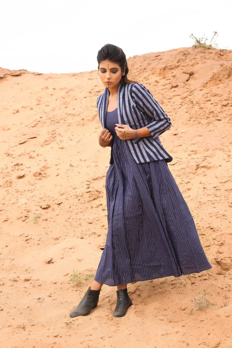 Deep Blue Striped Short Jacket With Spaghetti Dress - Set Of Two at Kamakhyaa by Keva. This item is Blue, Co-ord Sets, Cotton, Cotton Lurex, Desert Rose, Dress Sets, For Mother, For Mother W, Jackets, Midi Dresses, Natural, Relaxed Fit, Resort Wear, Stripes, Womenswear