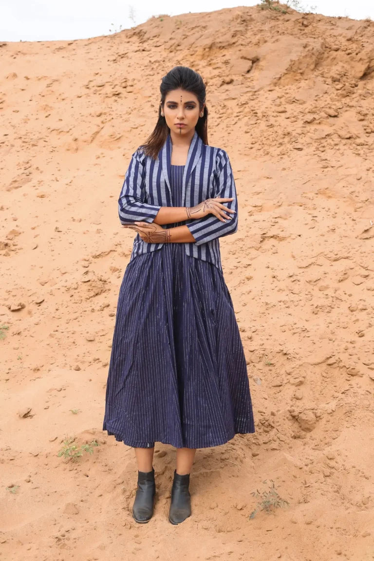 Deep Blue Striped Short Jacket With Spaghetti Dress - Set Of Two at Kamakhyaa by Keva. This item is Blue, Co-ord Sets, Cotton, Cotton Lurex, Desert Rose, Dress Sets, For Mother, For Mother W, Jackets, Midi Dresses, Natural, Relaxed Fit, Resort Wear, Stripes, Womenswear