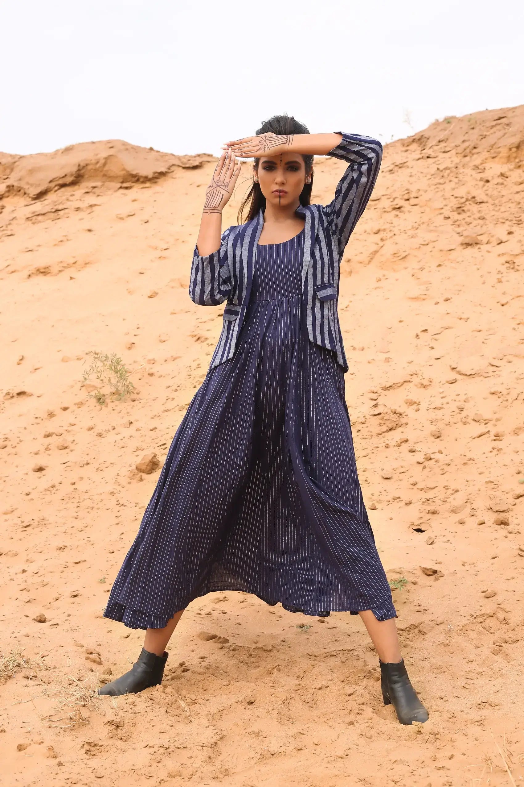 Deep Blue Striped Short Jacket With Spaghetti Dress - Set Of Two at Kamakhyaa by Keva. This item is Blue, Co-ord Sets, Cotton, Cotton Lurex, Desert Rose, Dress Sets, For Mother, For Mother W, Jackets, Midi Dresses, Natural, Relaxed Fit, Resort Wear, Stripes, Womenswear