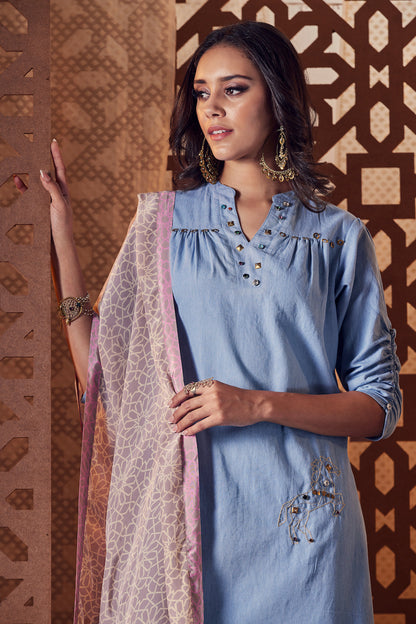 Denim A-Line Kurta - Set of 3 at Kamakhyaa by Charkhee. This item is blue, Crepe, Denim, Embroidered, Ethnic Wear, Indian Wear, Kurta Palazzo Sets, Kurta Set With Dupatta, Naayaab, Natural, Nayaab, Relaxed Fit, Womenswear