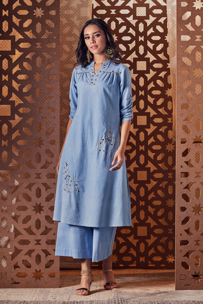 Denim A-Line Kurta - Set of 3 at Kamakhyaa by Charkhee. This item is blue, Crepe, Denim, Embroidered, Ethnic Wear, Indian Wear, Kurta Palazzo Sets, Kurta Set With Dupatta, Naayaab, Natural, Nayaab, Relaxed Fit, Womenswear