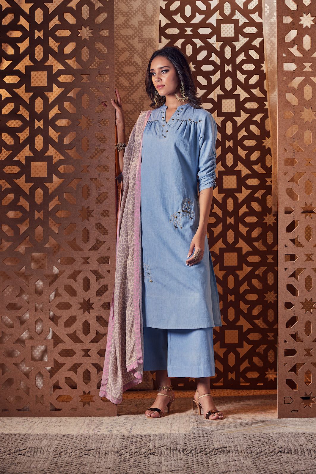 Denim A-Line Kurta - Set of 3 at Kamakhyaa by Charkhee. This item is blue, Crepe, Denim, Embroidered, Ethnic Wear, Indian Wear, Kurta Palazzo Sets, Kurta Set With Dupatta, Naayaab, Natural, Nayaab, Relaxed Fit, Womenswear