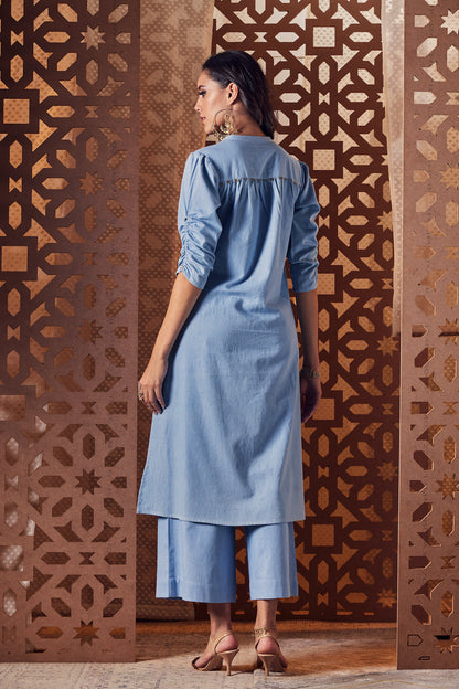 Denim A-Line Kurta - Set of 3 at Kamakhyaa by Charkhee. This item is blue, Crepe, Denim, Embroidered, Ethnic Wear, Indian Wear, Kurta Palazzo Sets, Kurta Set With Dupatta, Naayaab, Natural, Nayaab, Relaxed Fit, Womenswear