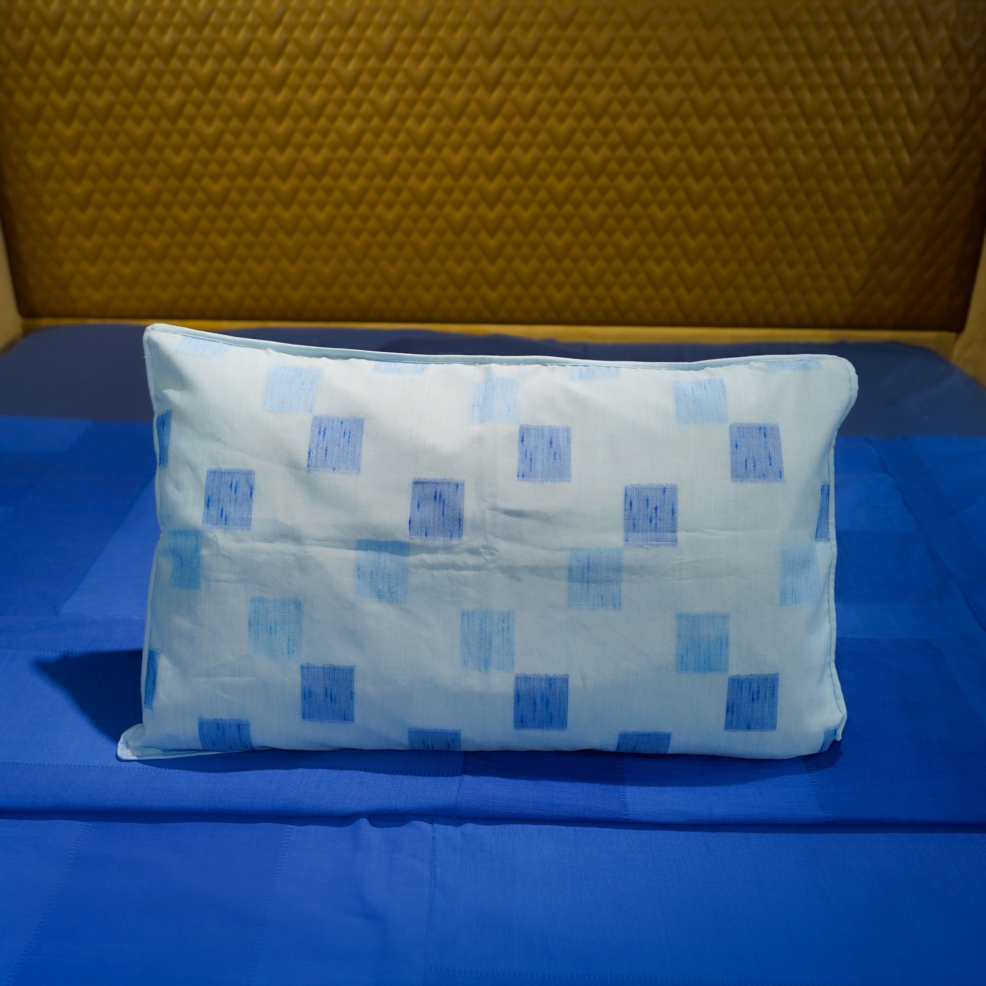 Denim Crossweave Bed Cover with Pillow Covers & Cushion/s at Kamakhyaa by Aetherea. This item is 100% Cotton, Bed Covers, Blue, Cushion, Denim, Frills, Home