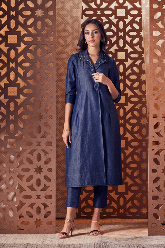Denim Kurta with Pant - Set of 2 at Kamakhyaa by Charkhee. This item is Blue, Denim, Embroidered, Ethnic Wear, Indian Wear, Kurta Pant Sets, Naayaab, Natural, Nayaab, Relaxed Fit, Womenswear