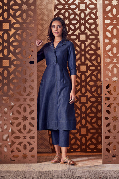 Denim Kurta with Pant - Set of 2 at Kamakhyaa by Charkhee. This item is Blue, Denim, Embroidered, Ethnic Wear, Indian Wear, Kurta Pant Sets, Naayaab, Natural, Nayaab, Relaxed Fit, Womenswear