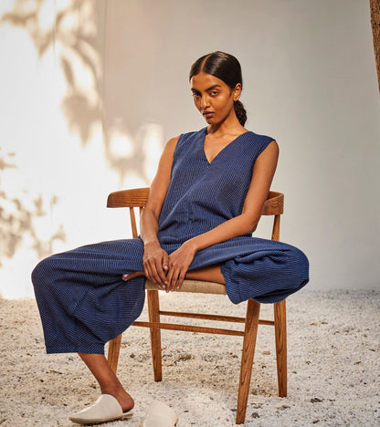 Desire Jumpsuit at Kamakhyaa by Khara Kapas. This item is Blue, Casual Wear, Gauge Cotton, Jumpsuits, Oh! Sussana Spring 2023, Organic, Relaxed Fit, Solids, Womenswear