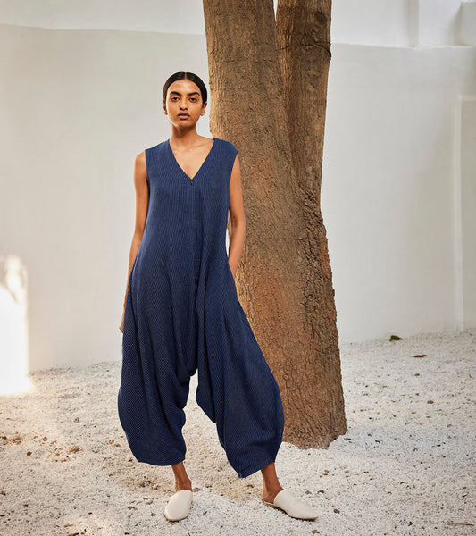 Desire Jumpsuit at Kamakhyaa by Khara Kapas. This item is Blue, Casual Wear, Gauge Cotton, Jumpsuits, Oh! Sussana Spring 2023, Organic, Relaxed Fit, Solids, Womenswear
